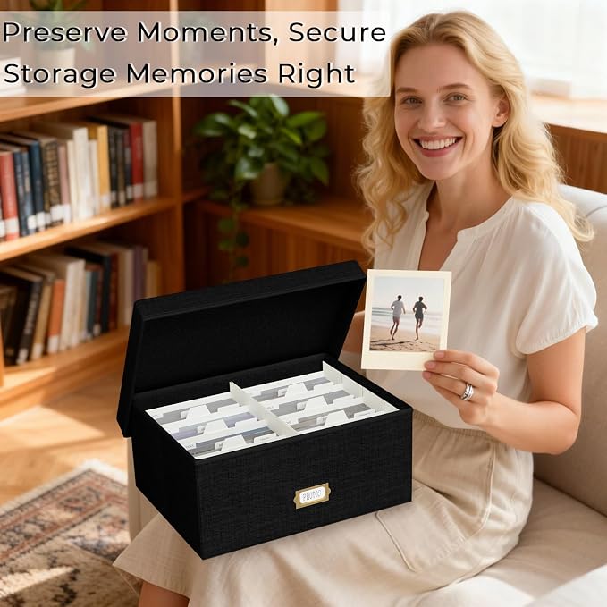 Decorative Photo Storage Box, Linen Photo Box Holds 1700 5x7 Pictures Black | Photo Storage Containers with 8 Dividers, Memory Keepsake Organizer for Photos, Scrapbook Supplies, Cards, Stamps,Archive Box