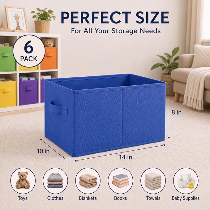 Yinder Cube Storage Bin Storage Bins for Room Decor Colorful Bins Foldable Baskets for Nursery Organizer Boxes Fabric Boxes (14''x10''x8'',Bright Colors,6 Pcs)