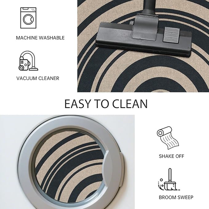 Easy Jute Rug 2.6x5Ft Half Round Rainbow Carpet for Farmhouse Bedroom Entrance, Non-Slip Half Circle Thin Neutral Floor Mat for Living Room Patio Kids Room Kitchen, Indoor Outdoor, Black 1