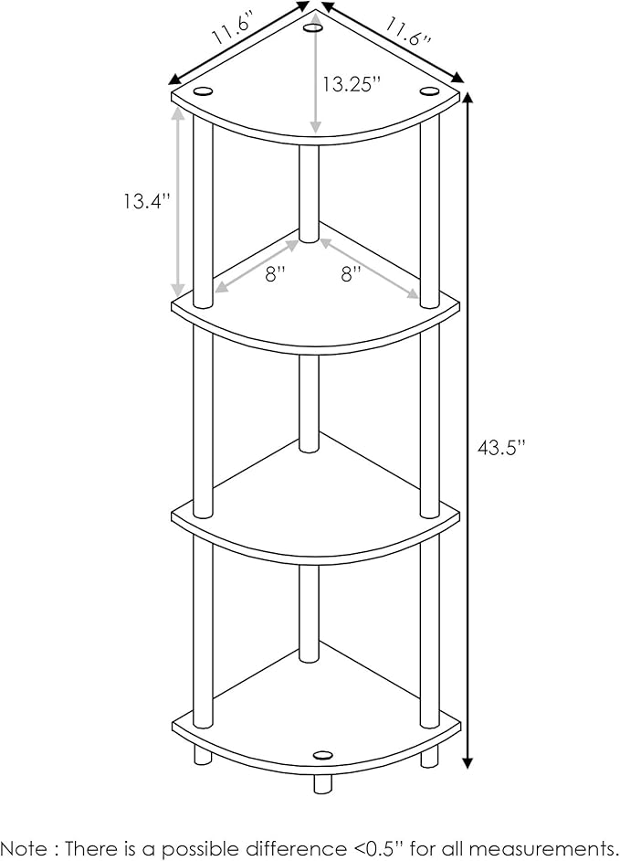 Furinno TURN-N-TUBE Corner Shelf, 4-Tier Corner Bookshelf, Display Storage Shelves with Open Shelves, for Organization and Storage, Living Room, Home Office, Garage, French Oak