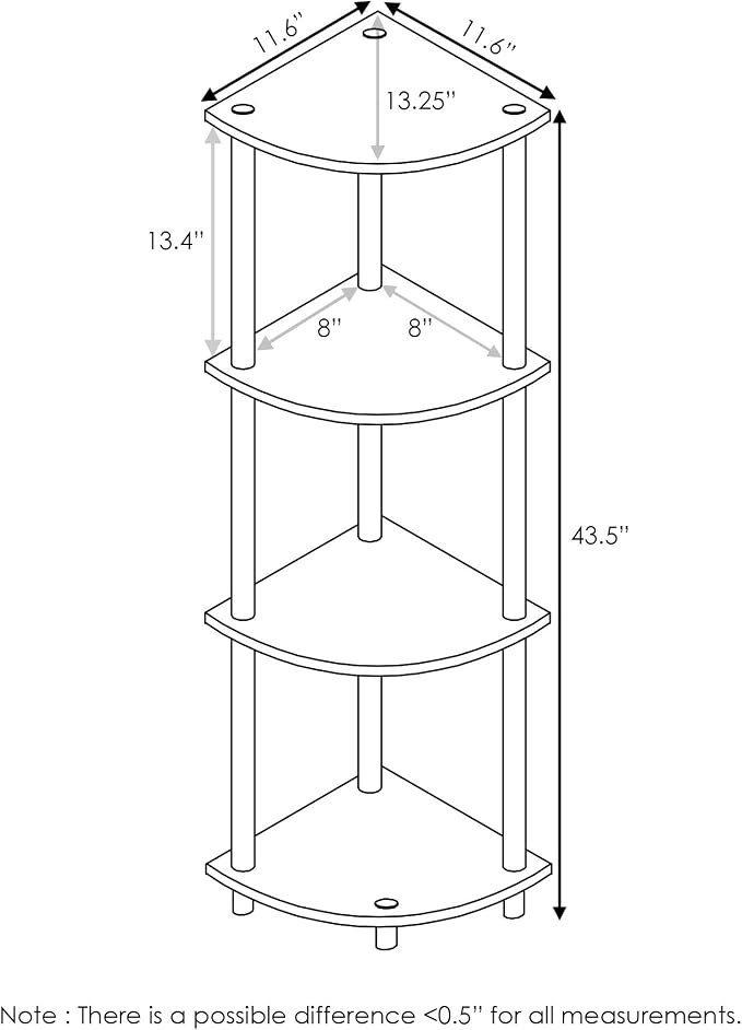 Furinno TURN-N-TUBE Corner Shelf, 4-Tier Corner Bookshelf, Display Storage Shelves with Open Shelves, for Organization and Storage, Living Room, Home Office, Garage, Dark Brown Grain
