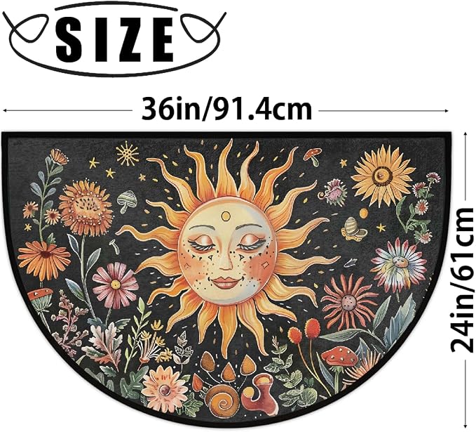 Sun Flowers Half Round Door Mat Non Slip Half Circle Rugs | Colorful Face Washable Half Moon Rug Semi Circle Rugs Indoor Entrance Floor Carpet for Kithen Bedroom Fireplace Decor