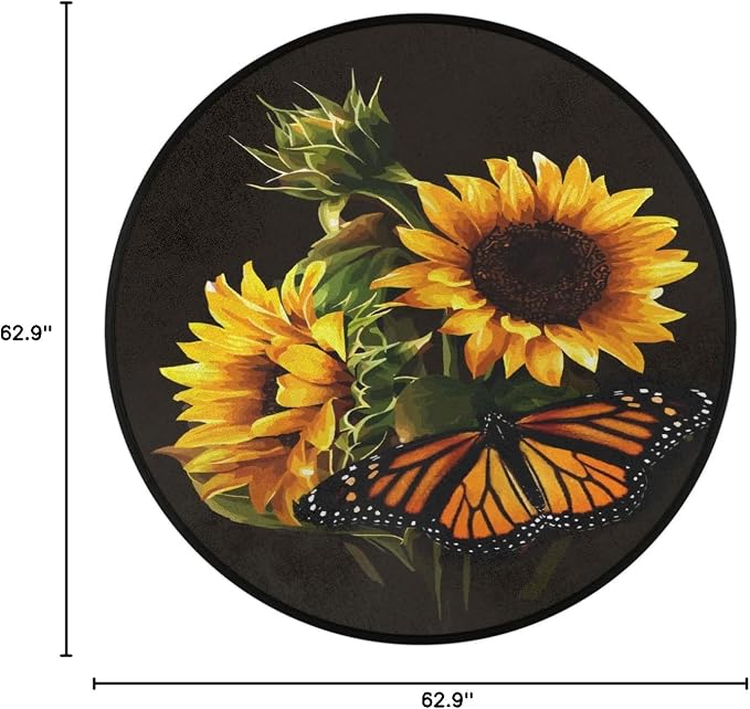 Butterfly Sunflower Round Area Rug, Sunflower Pattern Non-Slip Circle Rug for Bedroom Living Room Outdoor Study Playing Floor Mat Carpet, 5.2' Diameter