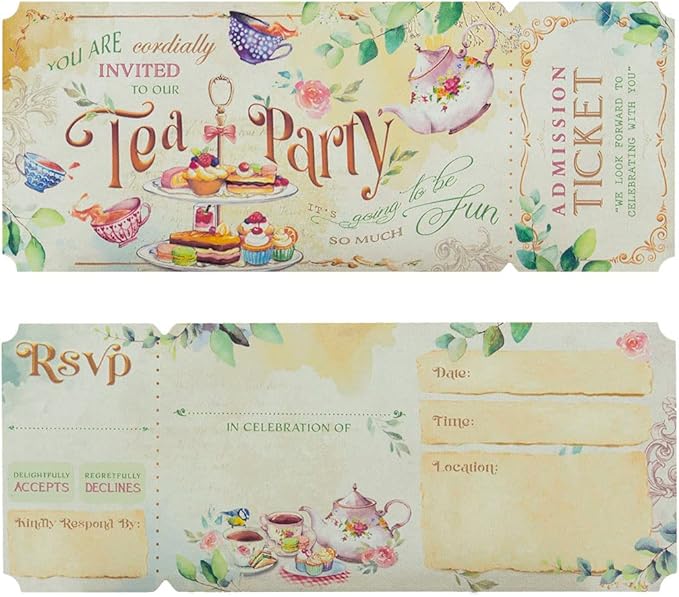 Summer-Ray 24 sets Garden Tea Party Invitation with Envelope Holder Birthday Invitation Princess Tea Party Social Event Invitation