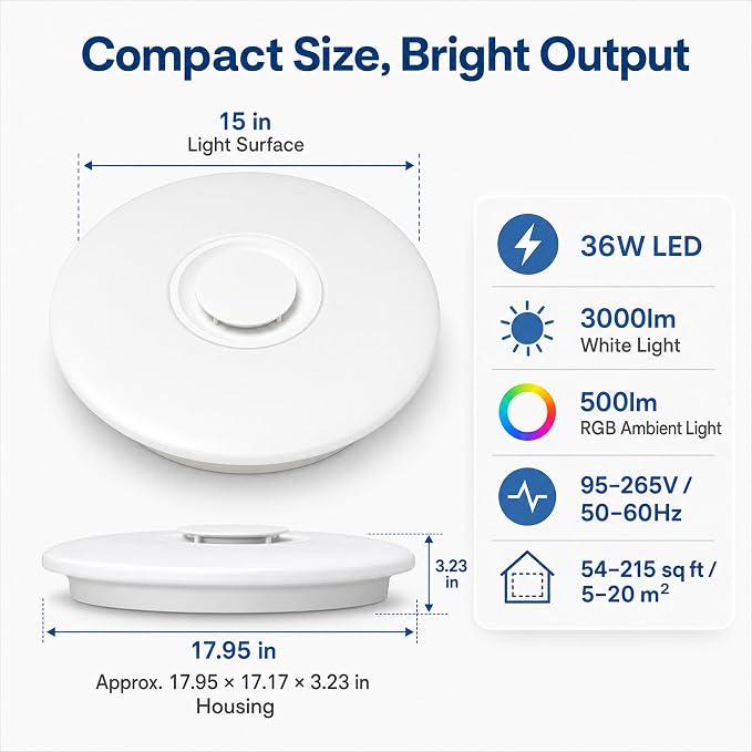 Ceiling Lights with Bluetooth Speaker, 15 inch Smart Ceiling Lamp Compatible with Alexa and Google Home,Room Light for Bedroom, Living Room