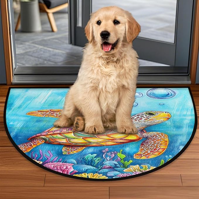 Sea Colorful Turtle Half Round Door Mat Non-Slip Semi Circle Rug Washable Half Moon Floor Rug Absorbent Bathroom Area Rugs for Outdoor Indoor Fireplace Mat Entryway Kitchen Decor Rugs