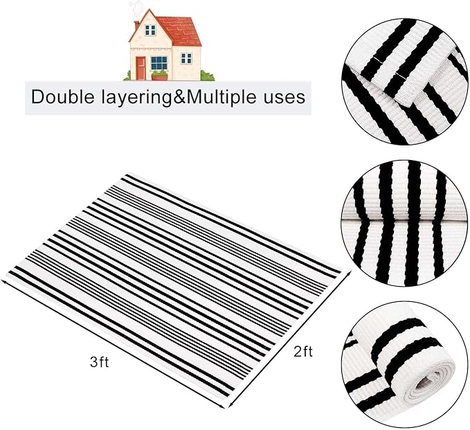 OJIA Front Door Mat 24"x35" Welcome Mat Black and White Outdoor Rug Doormat | Cotton Woven Front Door Rug Washable Indoor Door Mat Outside Entrance Striped Rug for Fall Porch Decor/Farmhouse/Entryway