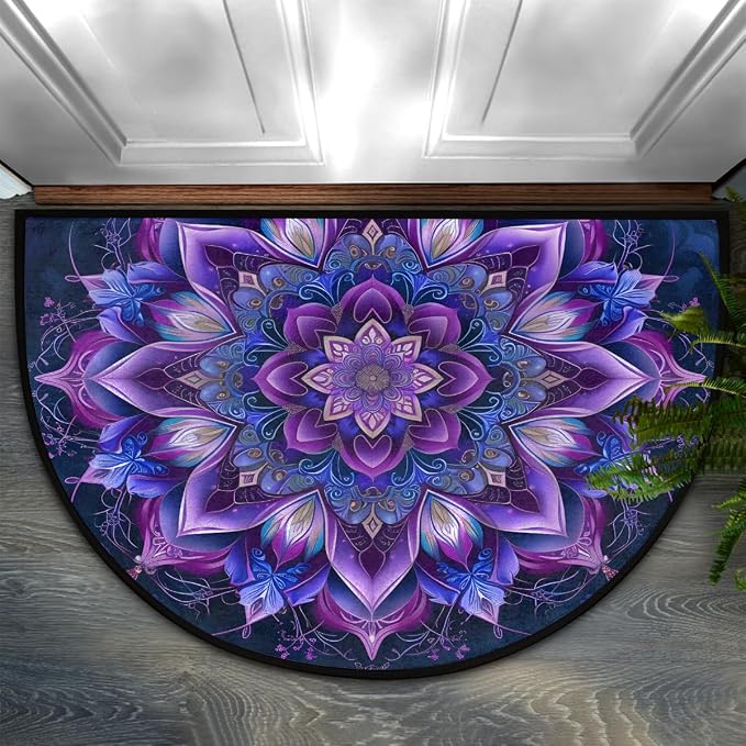 Mandala Half Round Doormat Non-Slip Semi Circle Rug Half Moon Mat | Ethnic Purple Flower Washable Soft Absorbent Indoor Outdoor Entrance Kitchen Bathroom Sink Patio Welcome Fireplace Floor Rug