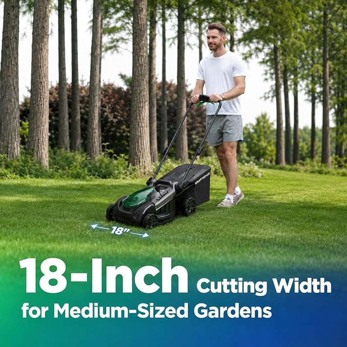 18" 40V Brushless Cordless Electric Lawn Mower | Includes Two 20V 8.0Ah Batteries & Charger, 6-Level Height Adjustment (25mm-75mm), 50L Collection Bag, and 2 Spare Blades