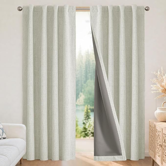Joydeco Linen Blackout Curtains for Bedroom - 100% Light Blocking 1 Panels, Light Beige Drapes 70" W x 108" L, Thermal Insulated Room Darkening Curtains for Living Room, Rod Pocket & Back Tabs