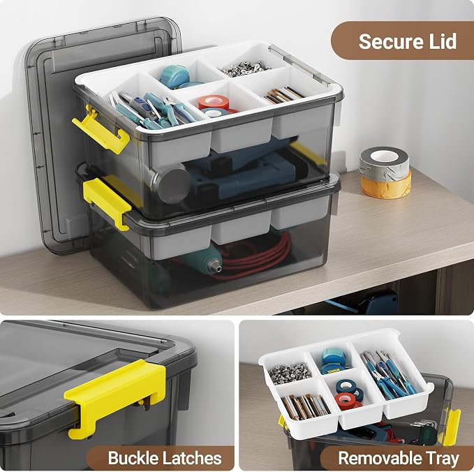 80Qt Stackable Storage Bins with Lids & Trays, Clear Plastic Latching Boxes Organizers with Dividers Portable Containers for Arts & Crafts, Home & Car Trunk Organization,Clear Grey,4Pack