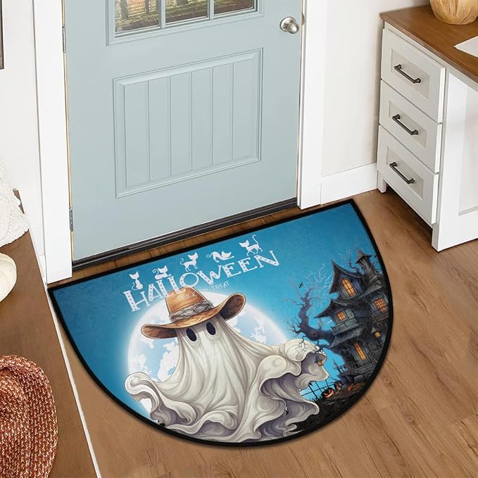 Ghosts Half Round Door Mat Semi Moon Rug Fireplace Carpet Area Rugs | Ghosts Halloween Non Slip Absorbent Half Circle Mat Carpet for Indoor Outdoor Patio Kitchen Bathroom Entryway Home Decor