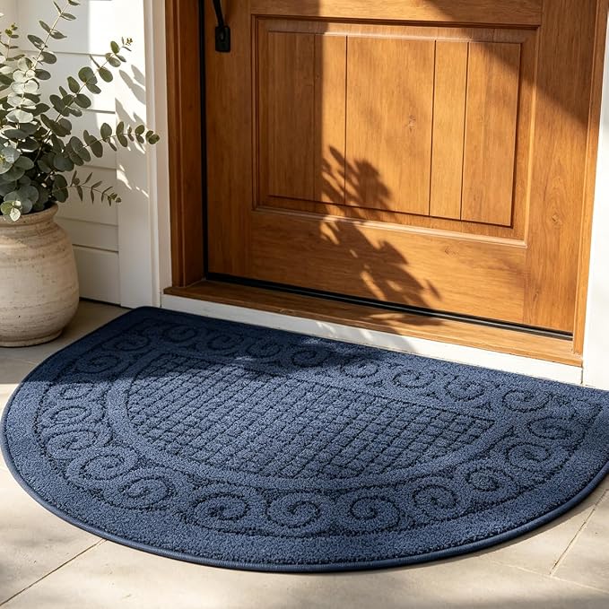 Half Circle Door Mat Indoor 18"X30",Half Round Non Slip Machine Washable Entryway Porch Rug for Front/Back Outdoor, Absorbent Low Profile Inside Entrance Floor Mat for Muddy Wet Shoes and Paws-Navy…