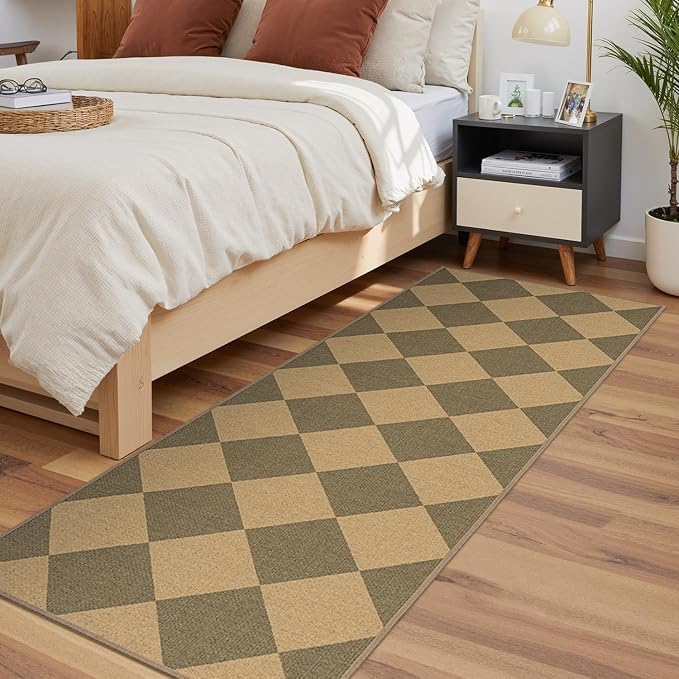 Lessymo Checkered Runner Rug 2.6x8 for Hallway, Washable Kitchen Runners | Non Slip Easy Jute for Entryway, Farmhouse Geometric Indoor Carpet Outdoor Rugs for Patio Backyard Porch, Diamond Brown/Beige