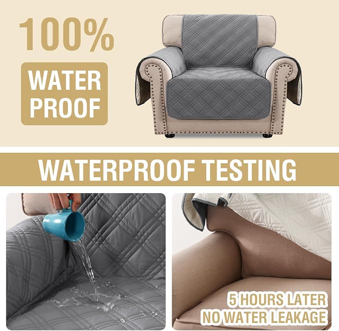 H.VERSAILTEX 100% Waterproof Chair Covers for Living Room Armchair Modern Couch Cover Furniture Protector Cover with Elastic Straps for Pets Kids Children Dog Cat(Chair, Grey/Beige)