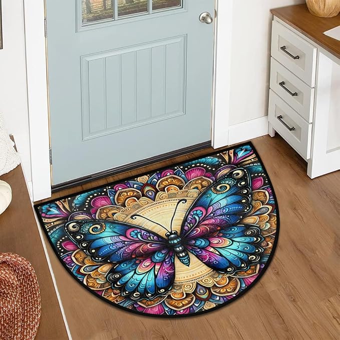 Butterfly Boho Colorful Half Round Door Mat Non-Slip Semi Circle Rug Washable Half Moon Floor Rug Absorbent Bathroom Area Rugs for Outdoor Indoor Fireplace Mat Entryway Kitchen Decor Rugs