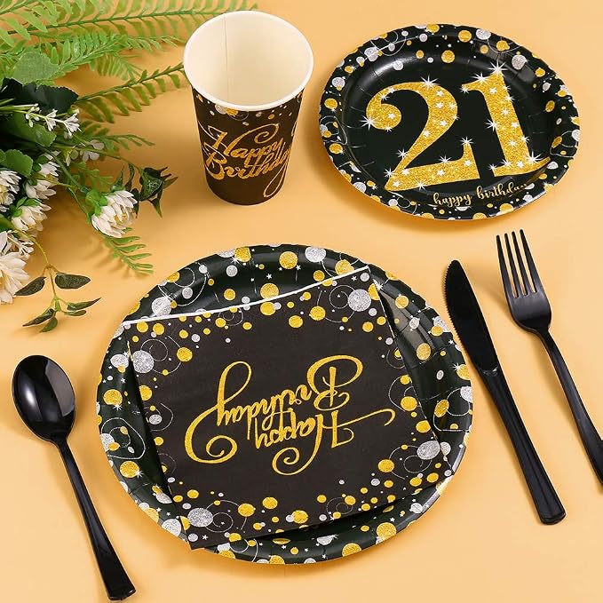 21st Birthday Party Supplies Set-16 Guests-Black And Gold Disposable Tableware kit, 21 Years Birthday Decorations, Include Paper Plates, 12oz Cups Napkins Banners Tablecloth Straws Cutlery…