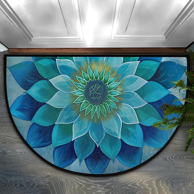 Teal Mandala Half Round Door Mat Non Slip Half Circle Rugs | Ethnic Flower Washable Half Moon Rug Semi Circle Rugs Indoor Entrance Floor Carpet for Kithen Bedroom Fireplace Decor
