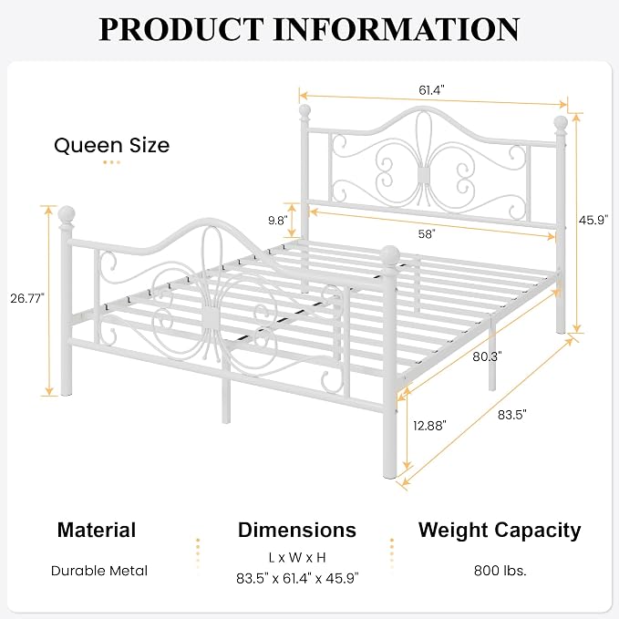 SHA CERLIN Queen Size Metal Bed Frame with Butterfly Headboard, White | Metal Platform Bed for Kids, Wrought Iron-Art Headboard/Footboard, Under-Bed Storage, No Box Spring Needed, Easy Assembly