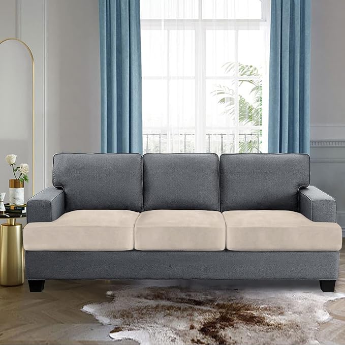 H.VERSAILTEX Stretch Velvet 3 Piece T Cushion Sofa Slipcovers Individually Covers for 3 Cushion Couch Seat Cushion Covers for Sofa Seat Cushion Covers Stay in Place(Sofa, Ivory)
