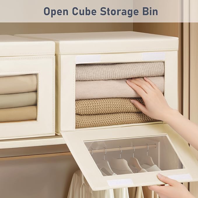 DIMJ Storage Bins with Lids - 6 Pack Large Fabric Closet Organizer with Window & Handles, Collapsible Decorative Storage Boxes for Shelves Under Bed, Books Clothes Blankets Sweaters Organization