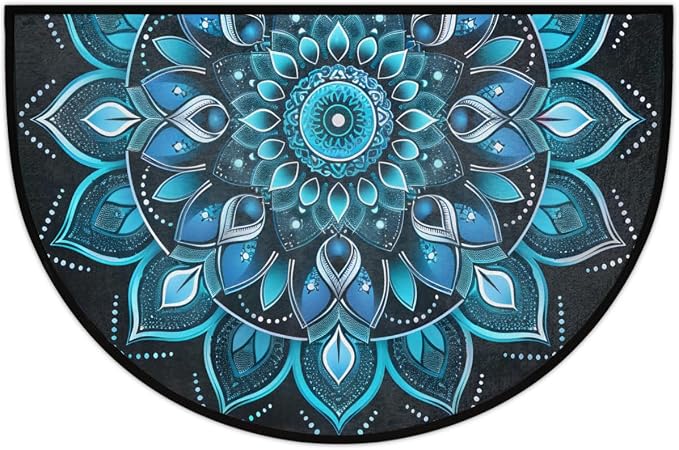 cfpolar Half Round Door Mat Ethnic Mandala Blue Floral Non-Slip Semi Circle Area Rug Washable Half Moon Hearth Rugs for Indoor Outdoor Bathroom Kitchen Patio Runner Mat Laundry Room Home Decoration