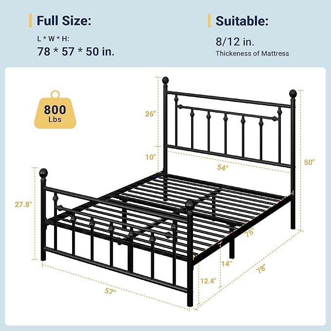 Allewie 14'' Full Size Metal Platform Bed Frame, Vintage Headboard, Black | 50'' Tall Victorian Headboard/Footboard/Mattress Foundation/Under Bed Storage/No Box Spring Needed/Easy Assembly/Noise Free