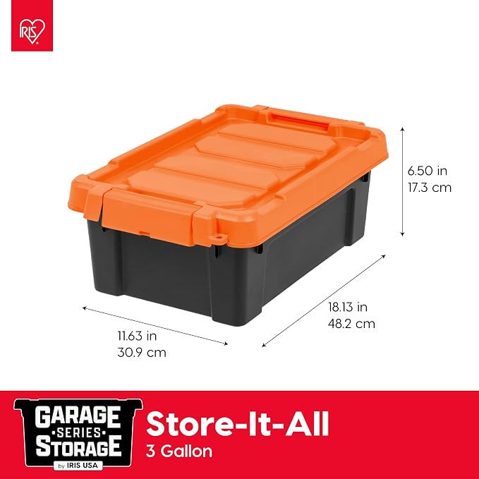 IRIS USA 5-Pack 3 Gal Heavy Duty Lockable Storage Totes with lids, Orange | Built for tools, hardware, emergency supplies and small equipment, Stackable design keeps spaces organized