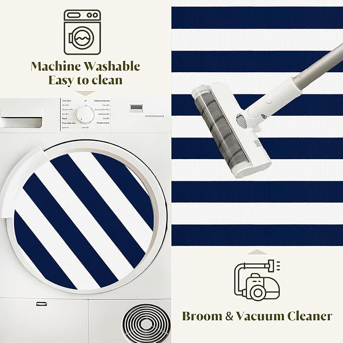 Blue and White Layered Doormat 2.3'x3.6,Machine Washable Porch Rug Cotton Woven Striped Farmhouse Small Area Rug for Porch/Home Entrace Decor/Bedroom/Layered Door Mats