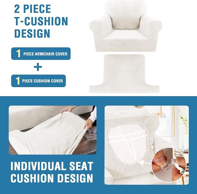 H.VERSAILTEX Sofa Cover 2 Piece T Cushion Armchair Slipcovers Thick Velvet Couch Cover Stretch T Cushion Sofa Covers for 1 Cushion Couch with 1 Individual T Cushion Covers, Porcelain White