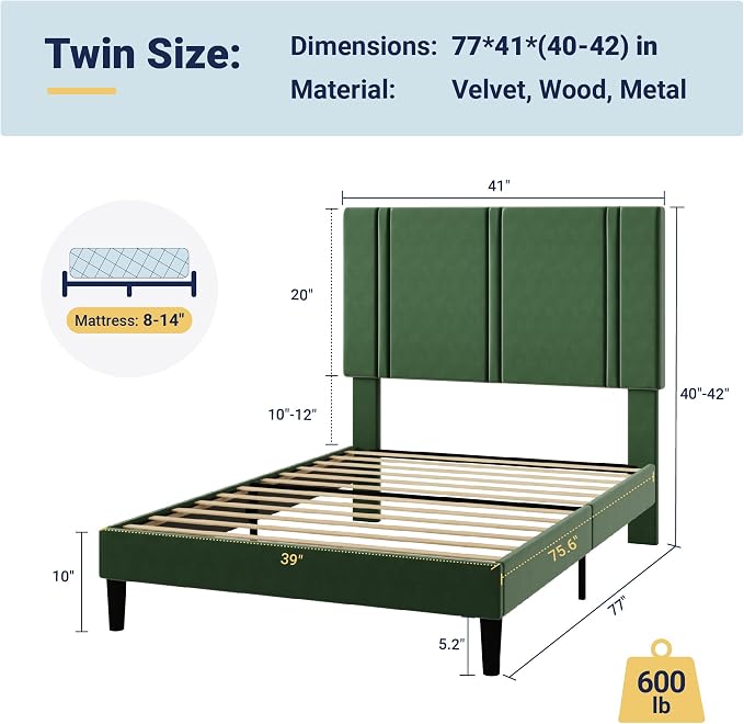 Allewie Twin Size Platform Bed Frame with Adjustable Headboard | Plush Velvet Upholstered, Vertical Channel Tufted, Sturdy Wood Slats, No Box Spring Needed, Easy Assembly, Green