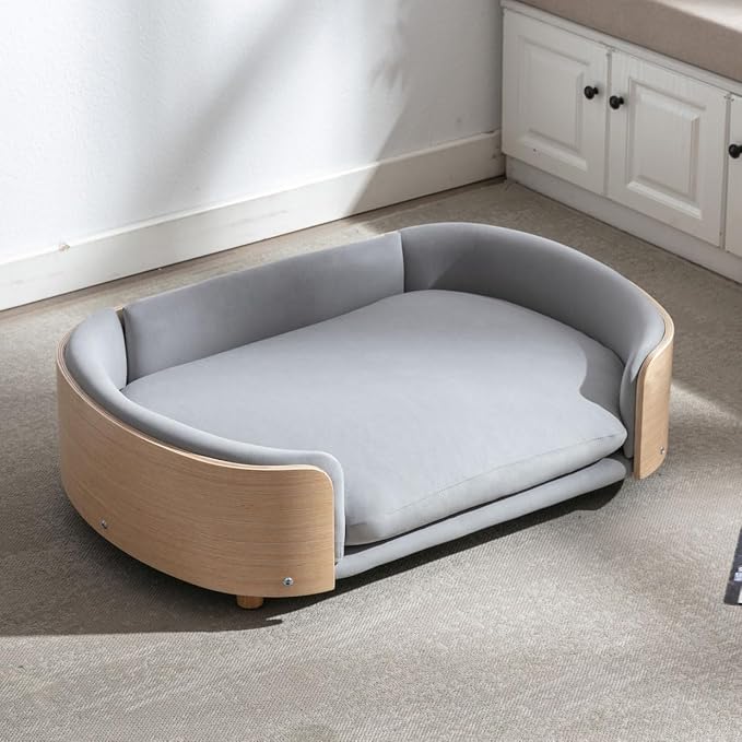Elevated Dog Bed Pet Sofa with Solid Wood Legs and Bent Soft Backrest, Pet Cat Stool Bed with Velvet Cushion,for Large and Medium Size Dogs Kitten, Large Size