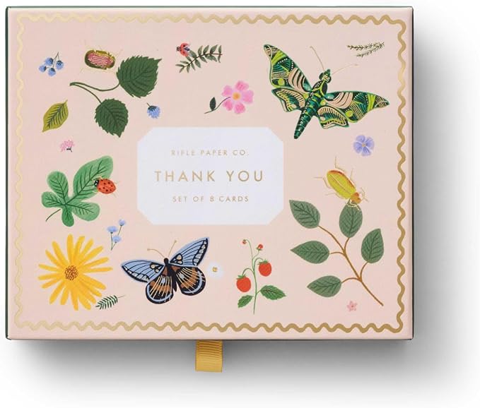 RIFLE PAPER CO. Curio Thank You Keepsake Card Boxed Set of 8, 4.25" L x 5.5" W Blank Interior Lets Your Thoughtful Handwritten Note Take Center Stage, Crafted in the USA