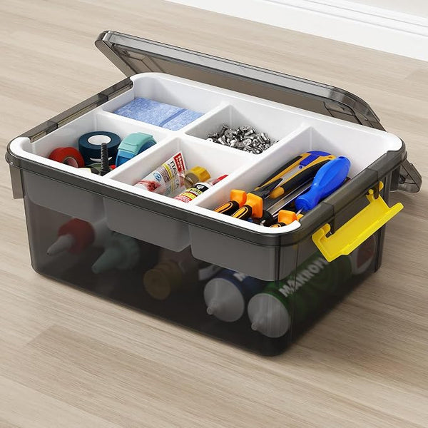 20Qt Stackable Storage Bin with Lid & Tray, Clear Plastic Latching Box Organizer with Divider Portable Container for Arts & Crafts, Home & Car Trunk Organization,Clear Grey,1Pack