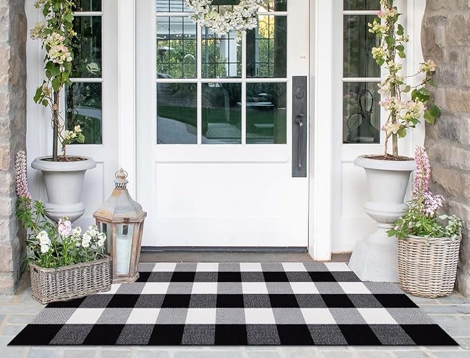 Black and White Outdoor Rug 24''X 51'' Front Porch Rug Cotton Woven Washable Checkered Layering Door Mat for Door Mats Outdoor Porch Entryway Bedroom Living Room