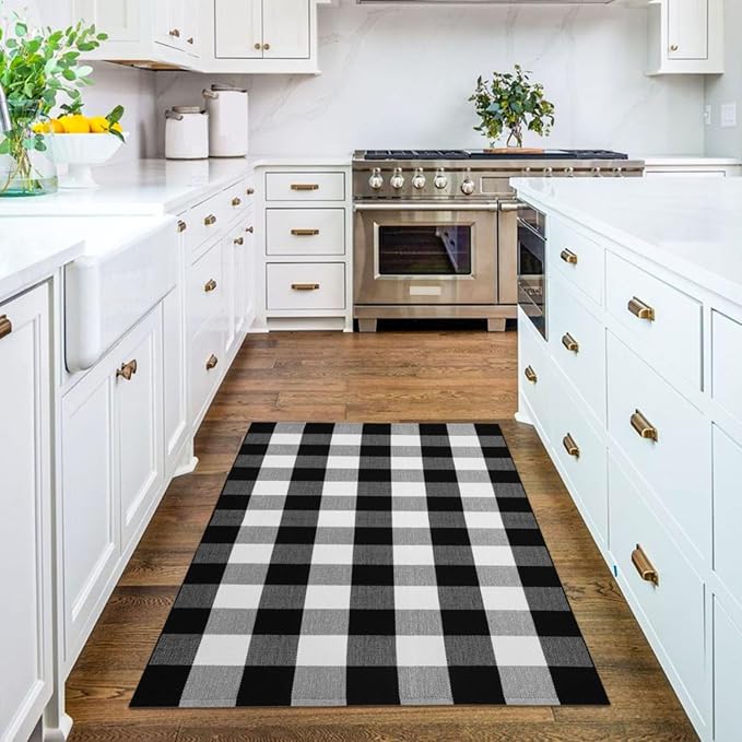 KILOCOCO Buffalo Plaid Checkered Rug 3x5 ft Black White Front Door Rug | Machine Washable Front Porch Rug, Outdoor Indoor Entryway Rug, Cotton Layered Doormat, Low Pile Rugs for Kitchen Patio