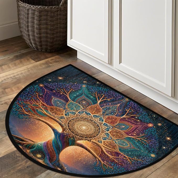 Tree Half Round Door Mat Semi Circle Rug Half Moon Doormat | Soft Washable Mandala Colorful Welcome Entrance Mat for Outdoor Indoor Floor Bedroom Bathroom Home Kitchen Festival Decor