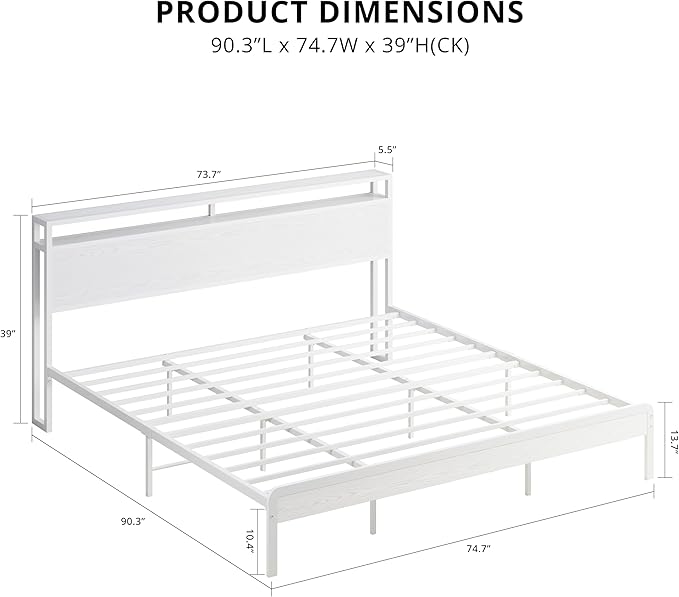 LIKIMIO California King Bed Frames with 2-Tier Storage Shelf Headboard | Wood Platform Bed, Camas California King with Strong Metal Supports, Sturdy, Noise-Free, No Box Spring Needed, White
