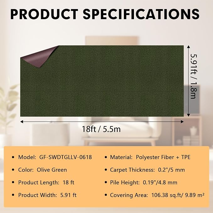 Grefinity Marine Carpet,6 FT x 18 FT Olive Green Indoor Outdoor Carpet 0.2" Thick Boat Rug with Water-Proof TPE Backing for Home, Patio, Porch, Deck