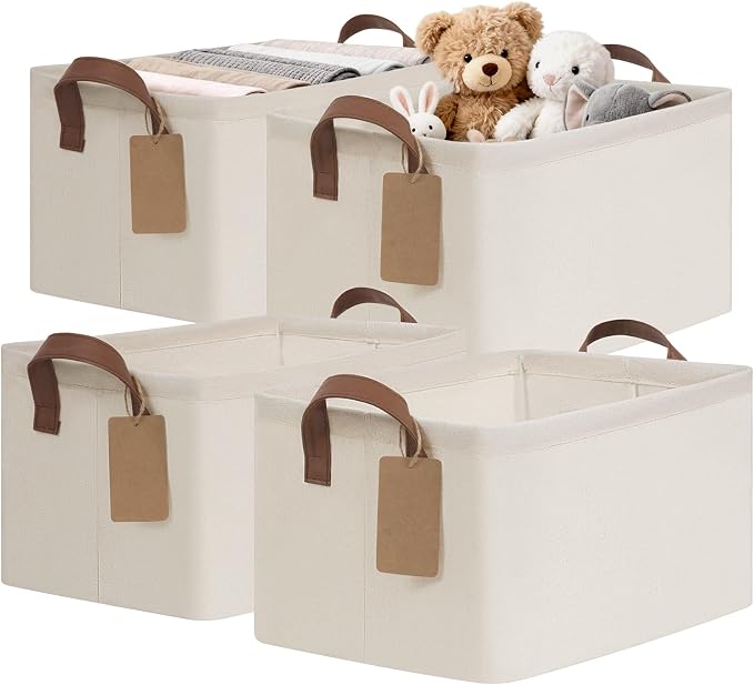 CHICVITA 4 Pack Fabric Shelf Storage Baskets with Metal Frame, Beige | 14.8 × 10.3 × 8.3 in, Collapsible Design, Leather Handles, Closet Organization, Clothes, Towels, Linens & Bedroom Storage