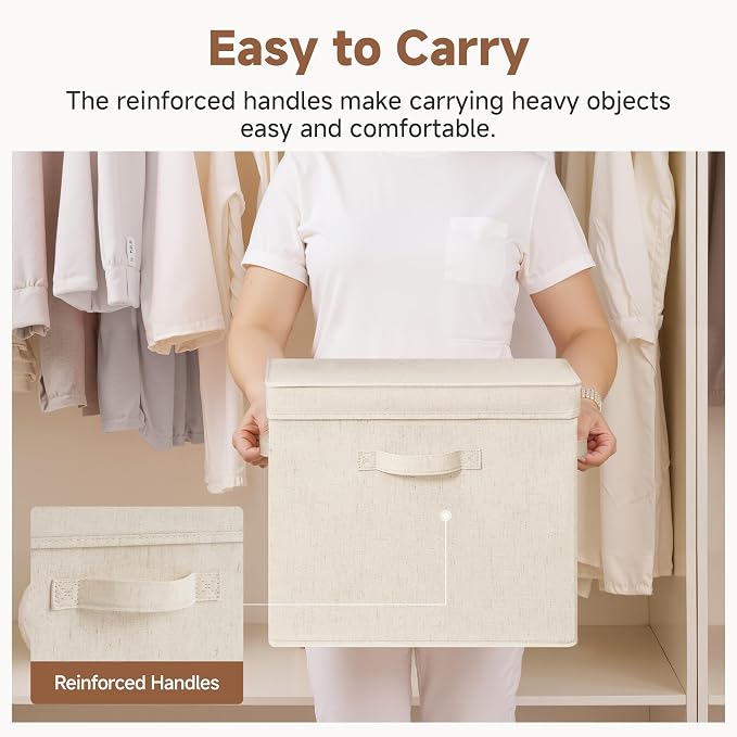 StorageWorks Storage Bins with Lid, Decorative Fabric Storage Bins with Handles, Stackable Closet Organizers for Shelves and Bedroom, Large, Beige(Natural Fabric), 2-Pack