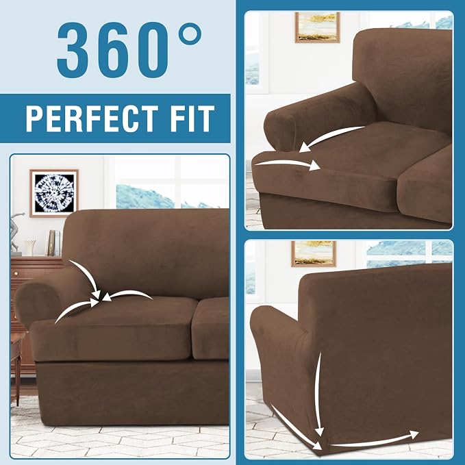 H.VERSAILTEX Sofa Cover 4 Piece T Cushion Sofa Slipcovers Thick Velvet Couch Cover Stretch T Cushion Sofa Covers for 3 Cushion Couch with 3 Individual T Cushion Covers Washable, Caramel Cafe