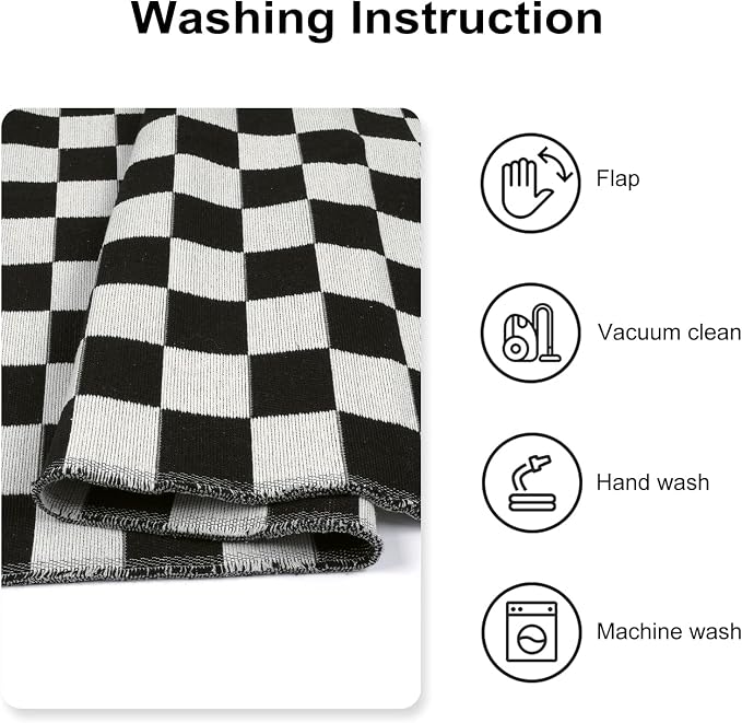 Seavish Washable 4x6 Ft Black and White Checkered Outdoor Porch Rug | Cotton Woven Checkerboard Rug, Low Pile Foldable Floor Cover Indoor Carpet for Living Room Bedroom Dining Room Patio