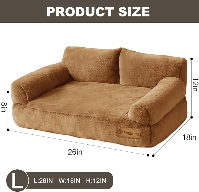 FAMIDGE Plush Cat Couch Bed - Cat Bed for Indoor Cats, Dog Sofa Bed, Short Rabbit Fleece Calming Pet Couch with Removable Cover, Anti-Shedding Pet Sofa for Small/Medium Pets (26×18×12in, Brown)