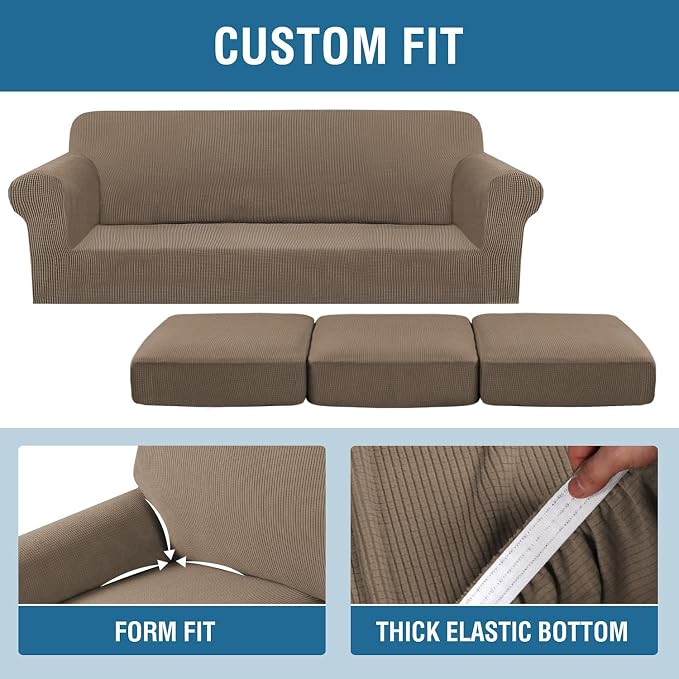 H.VERSAILTEX 4 Piece Stretch Sofa Covers for 3 Cushion Couch Furniture Slipcovers for Living Room (1 Base Cover Plus 3 Seat Cushion Covers) Jacquard Fabric Cover (XL Sofa, Macchiato)