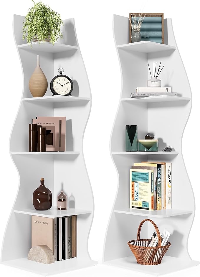 LITTLE TREE 70-Inch Corner Shelf, Seaweed Shaped Etagere Display Bookshelf, Freestanding 5-Tier Wall Shelves for Small Spaces, Bedroom, Living Room, 2 Pack, White