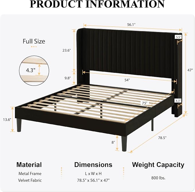 SHA CERLIN Full Size Velvet Bed Frame, Tufted Wingback Headboard, Black | 47'' Modern Vertical Channel Headboard, Upholstered Platform Bed, Wood Slats, No Box Spring Needed, Easy Assembly, Noise Free