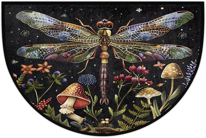 Half Round Doormat Animal Dragonfly Flower Non Slip Half Circle Area Rugs Indoor Washable Half Moon Rug Semi Circle Bathroom Runner Mat Entrance Floor Carpet for Kithen Bedroom Fireplace Decor