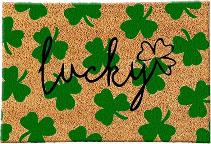 Ceenna St. Patrick's Day Coir Doormat Outdoor Shamrock Lucky Welcome Door Mat Green Clover Non-Slip Rug St. Patrick's Day Front Door Porch Entryway Decor for Indoor Outdoor Home Bathroom Decor
