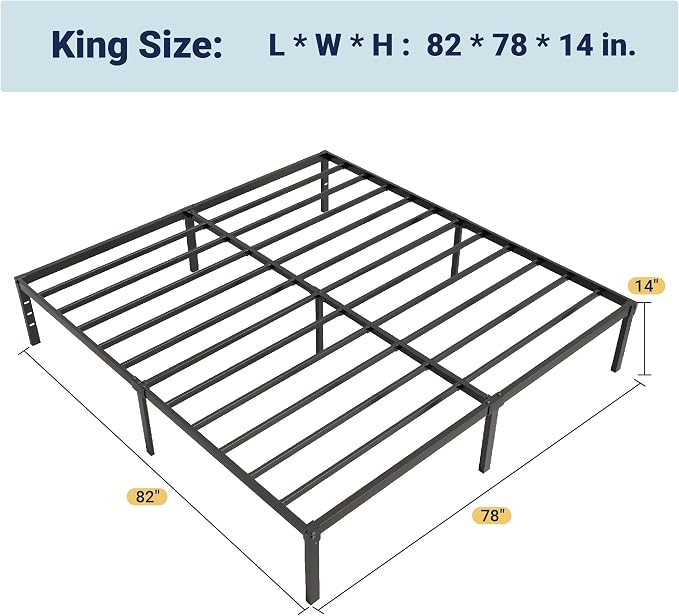 Allewie King Size Bed Frame, 14 inch Metal Beds with Storage Space, Black | Heavy-Duty Metal Platform Beds, Large Under-Bed Storage Space, No Box Spring Needed, Easy Assembly